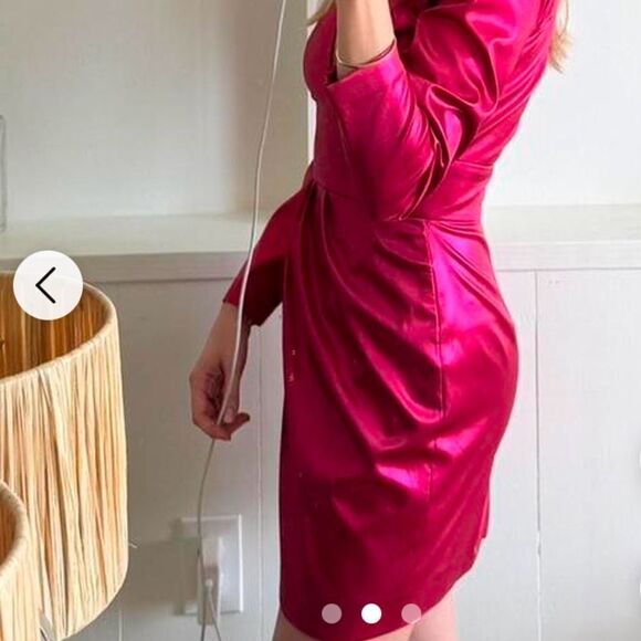 Zara Pink Metallic Foil Laminated Deep V Neck Longsleeve Dress, New - Picture 3 of 7